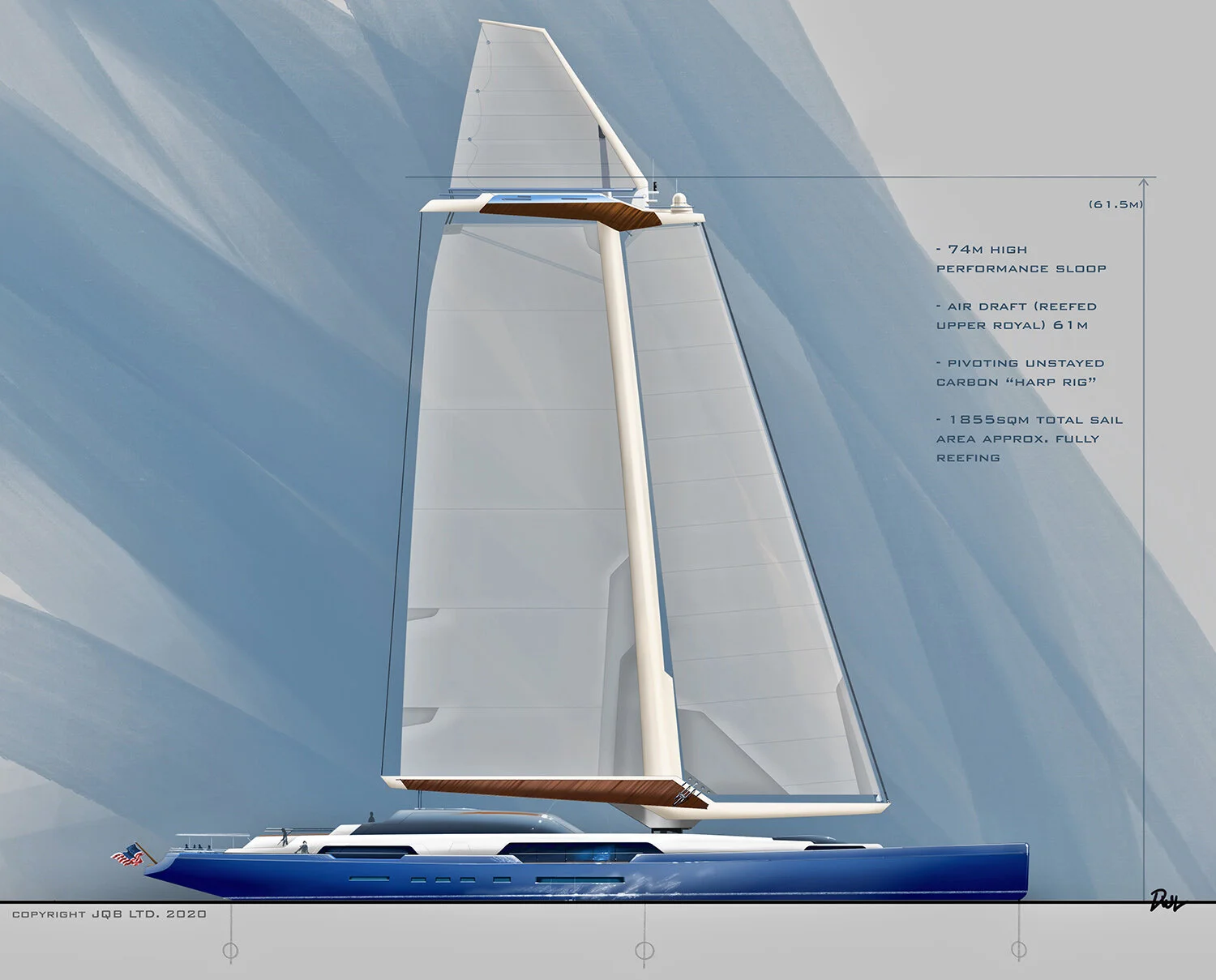 74 m high performance sloop ecoyacht concept with collapsible upper rig — JQB Design