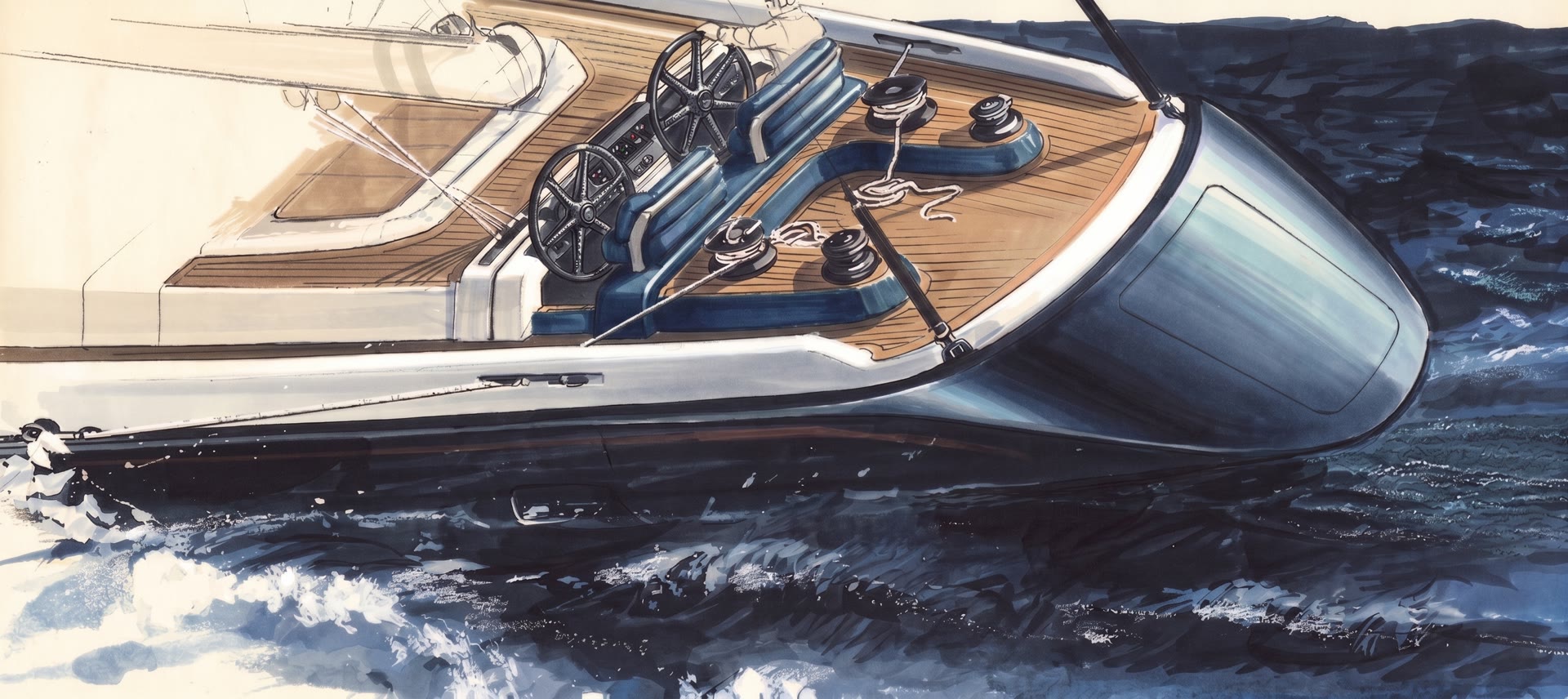 1989 marker rendering — 105ft Ron Holland yacht, single-handed helm concept. JQB.