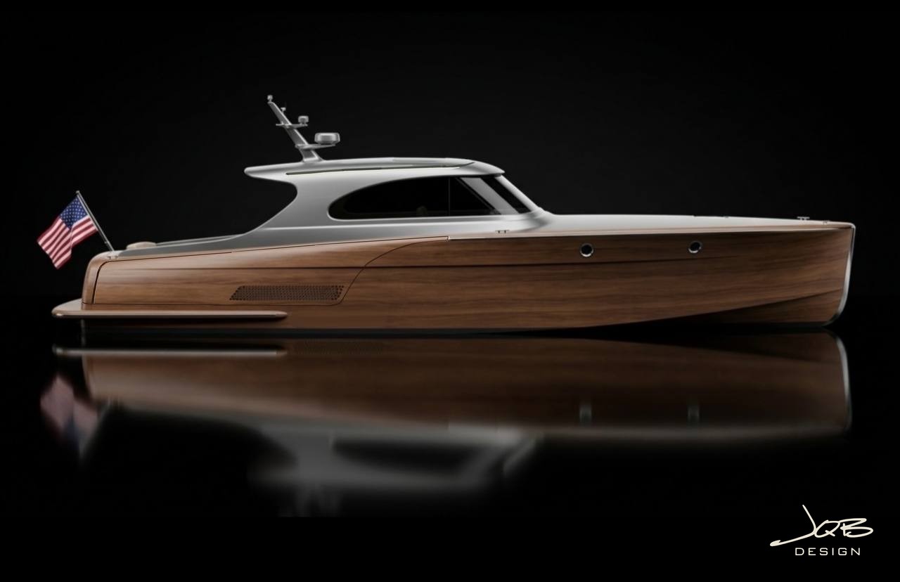 50-foot Hybrid Foiling Lake Commuter — varnished hull and silver hardtop, studio rendering by JQB Ltd