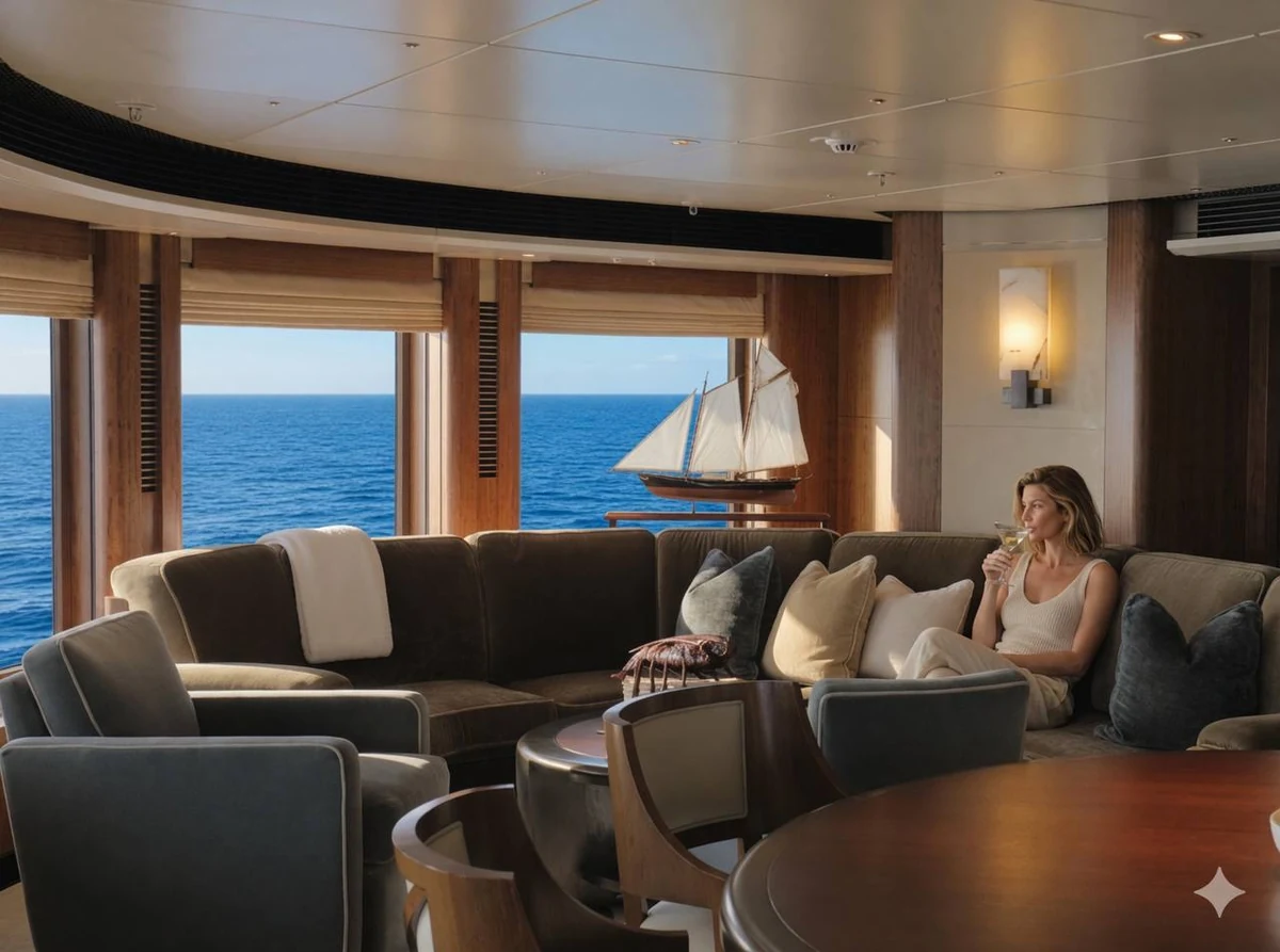 Octopus interior lounge with curved seating, a model sailboat and sea-facing windows
