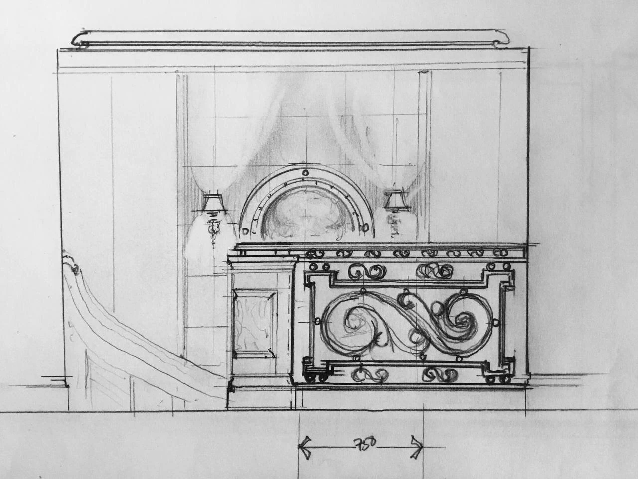 MLR — hand-drawn elevation of the stair landing with scrolled balustrade and arched niche