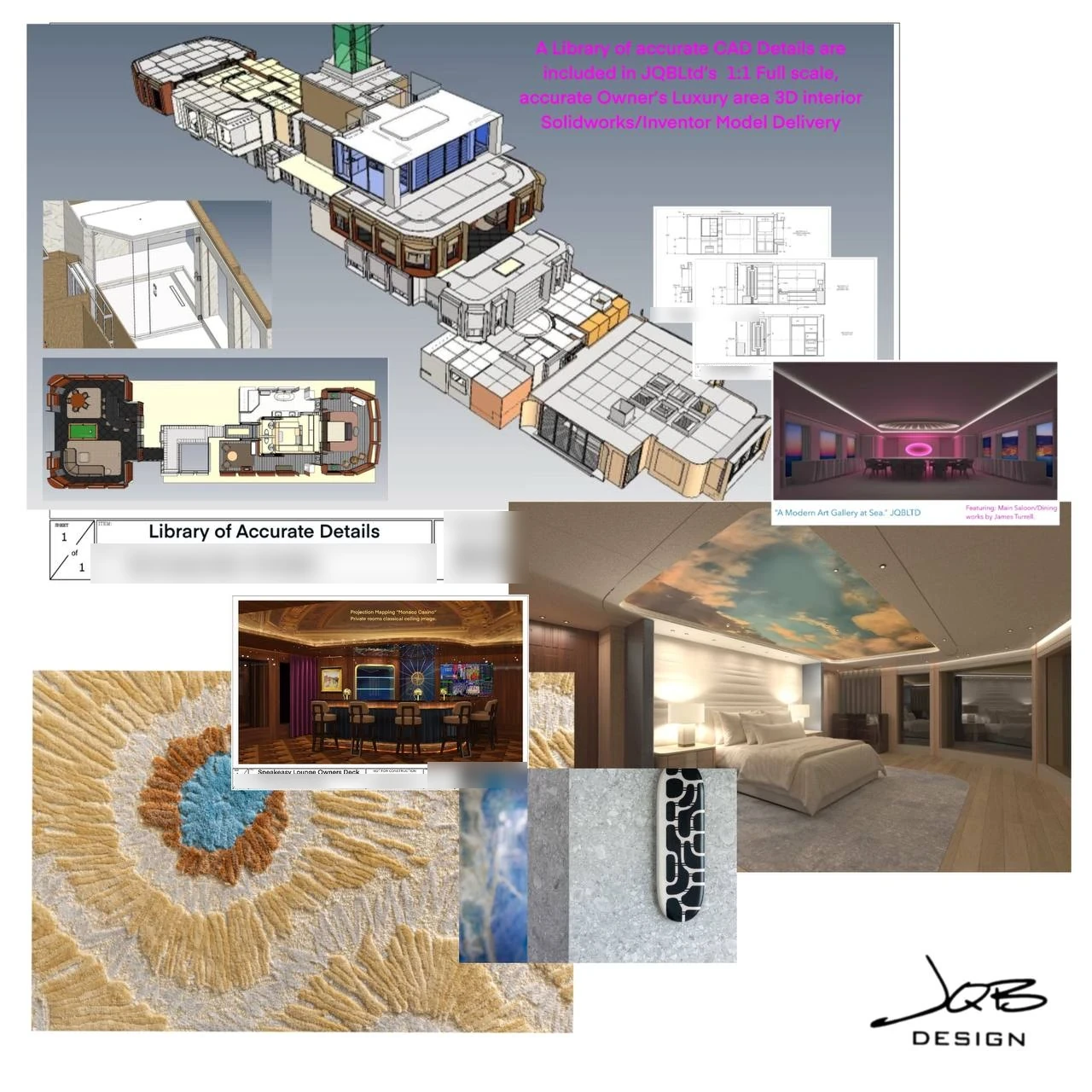 JQB interior design study combining a spatial model, drawings, materials and finished spaces